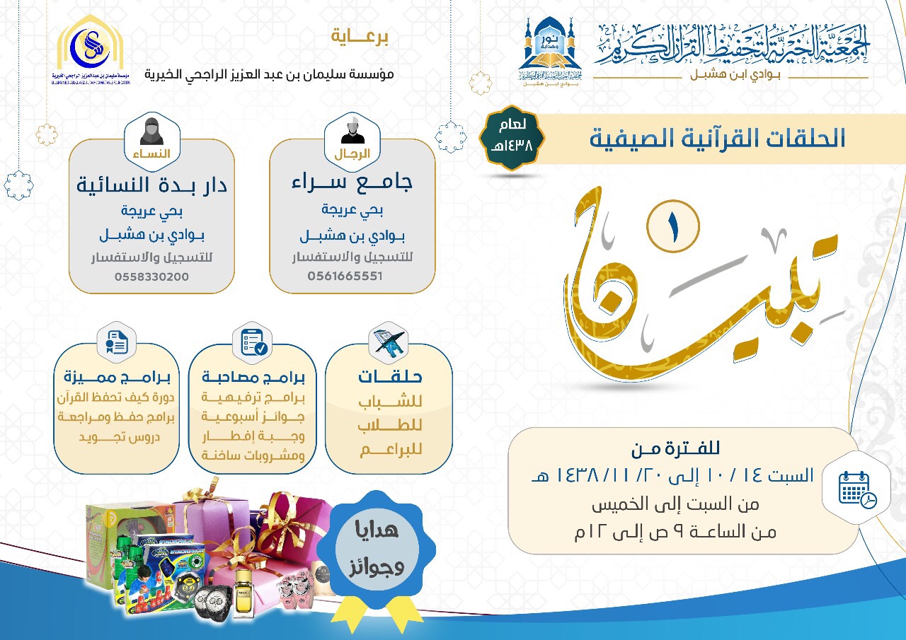 التسجيل في الحلقات القرآنية الصيفية ( تبيان ) لعام 1438 هـ